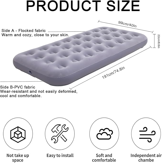Twin Size Single Camping Air Mattress Bed with Air Pump,75"x 39"Thickened Portable Inflatable Mattress Blow Up Air Mattress,Travel Sleeping Bed Pad for Camping Home Hiking(Gray)
