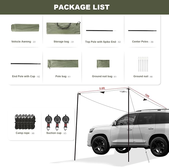Portable Car Awning for SUV, Vehicle Awning for Camping Van Truck, Needn't Roof Rack Hardwares Waterproof UV50+ 10 x 5.6 ft