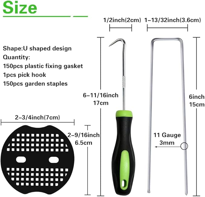 Bakulyor 150Pcs Landscape Staples + 150Pcs Gasket, 6 Inch Garden Stakes Staples 11 Gauge U Shaped Galvanized Lawn Landscape Pins, Heavy Duty Yard Ground Pin for Weed Barrier Sod Fabric Decorations