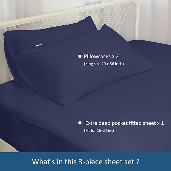California King Sheet Sets for Air Mattress - Extra Deep Pocket Cal King Sheet Set - 3Pcs Side Storage Pocket Fitted Sheet & Pillowcases Easily Fits 16in to 24in Pillow Top Bed Mattress - Navy Blue