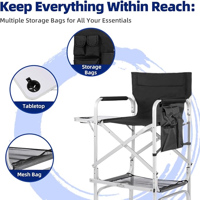Professional Tall Makeup Chair with Folding Side Table & Storage, Portable and Sturdy Directors Chair for Makeup Artists & Beauty Enthusiasts