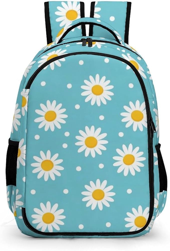 Travel Backpack Purse for Women, Light Blue Floral Daisy Flower Dots Cute Laptop Backpack with Tumbler Holder for Nurse Teacher College Work Casual Daypack