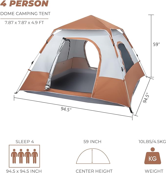 4 Person Instant Pop Up Tents for Camping, Waterproof Easy Set Up Large Family Dome Tent with Portable Carry Bag, 94.49 x 94.49 x 59.06 Inches