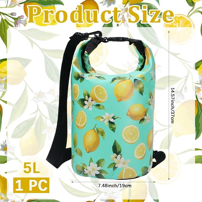 Floating Waterproof Dry Bag Backpack 5L Lightweight Lemon Flower Pattern PVC Roll Top Dry Sack for Kayaking Boating Camping Fishing Swimming Beach Rafting Hiking Outdoor Activities