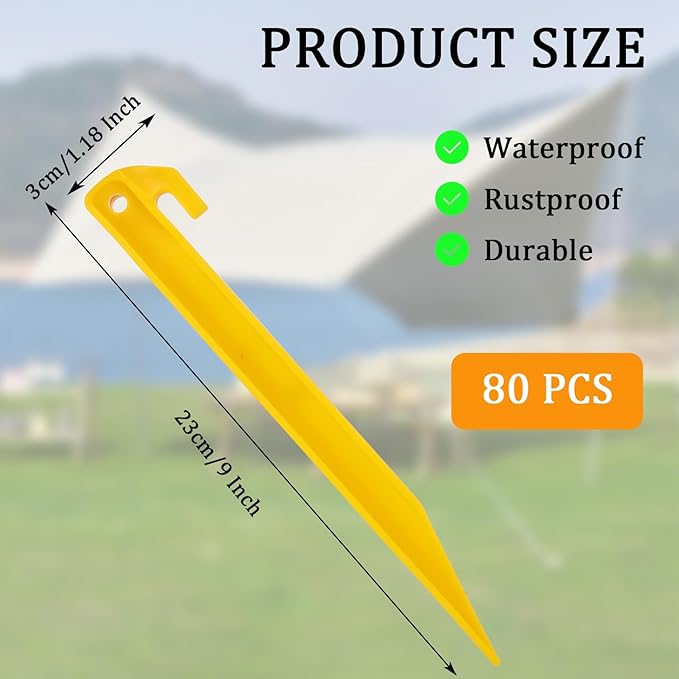 80 Pcs Plastic Tent Stakes - 9 Inch Tent Stakes Heavy Duty Tent Pegs Canopy Stakes Spike Hook, Plastic Stakes Awning Camping Pegs for Camping Outdoor Sand Beach Garden Lawn Stake
