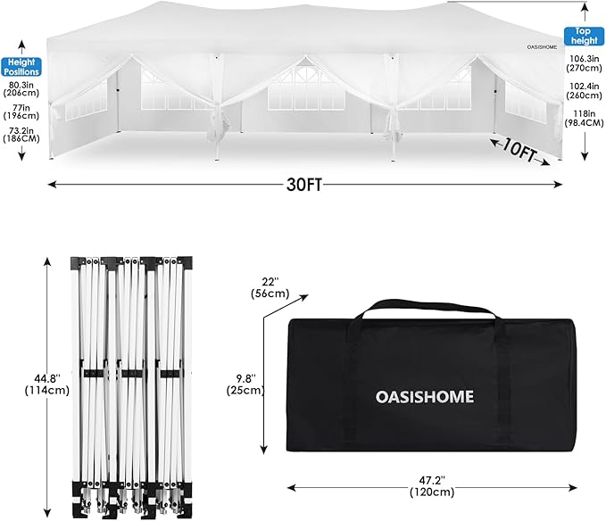 OASISHOME 10'x30' One Push Setup Pop-Up Canopy Tent with 8 Removable Sidewalls,Carry Bag,Waterproof Commercial Gazebo for Weddings/Outdoor Events, Heavy-Duty Frame(White, 10x30(One Push Setup))