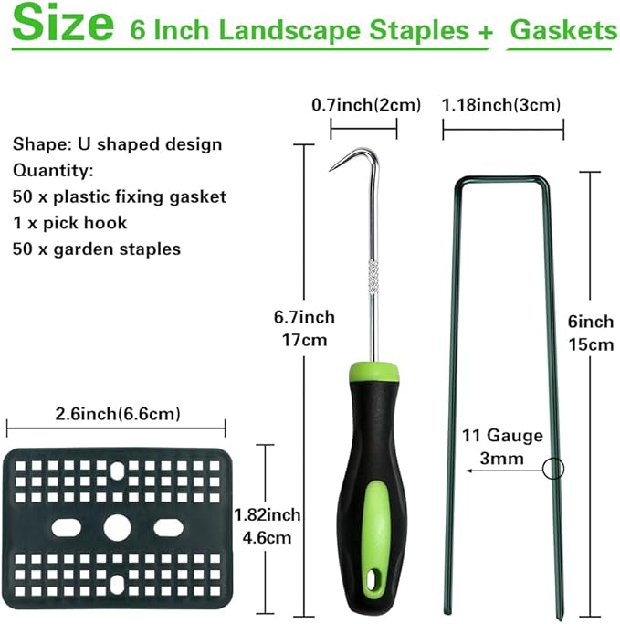 Bakulyor 50 Pcs Green Artificial Turf Stakes Anchor + 50 Pcs Buffer Washer, 6 Inch 11 Gauge Landscape Staples, Galvanized Lawn Spikes, Heavy Duty Yard Ground Pin for Grass Weed Barrier Sod Fabric