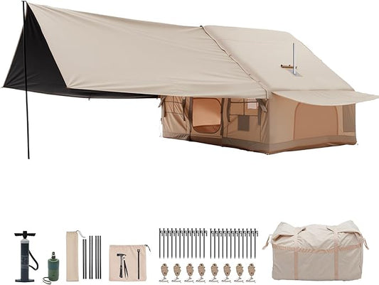 Inflatable Camping Tent Tarps for 4-6 Person, with Electric Air Pump, Extended Canopy, 4 Season Waterproof Windproof, Clear Skylight & 420D Oxford Waterproof, Air Tent with Mesh Windows/Doors