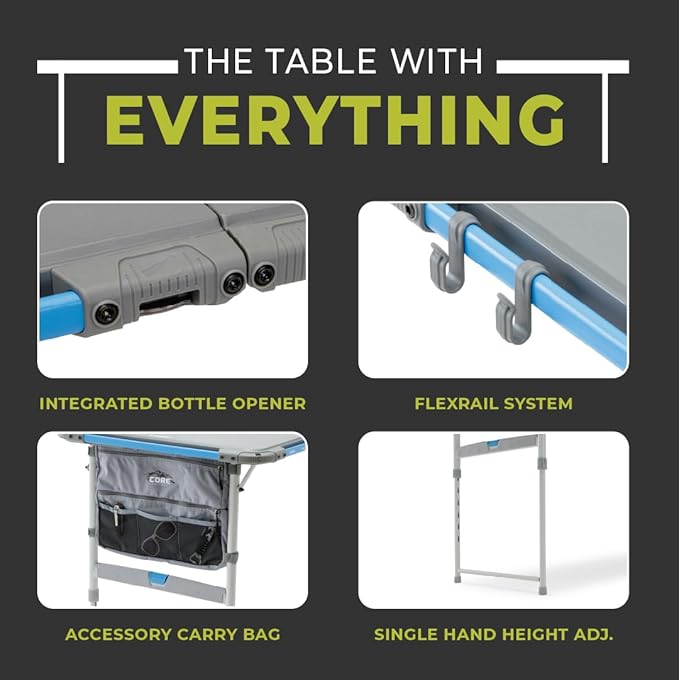 CORE Outdoor Camp Table | 4 Foot Table with Adjustable Height and Storage for Camping Accessories | Foldable & Portable for Beach, Picnic, Backyards, BBQ, Tailgate, Patio and Party