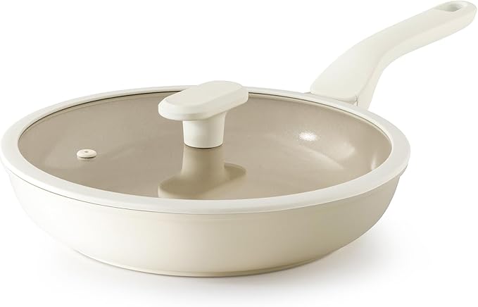 PRICUSIS Nonstick Ceramic Frying Pan with Lid, 8/10 Inch Skillet with Stay Cool Handle, Fully Coated, 100% Dishwasher Safe, Oven Safe, PTFE PFAS & PFOA Free (10 Inch, Coconut White