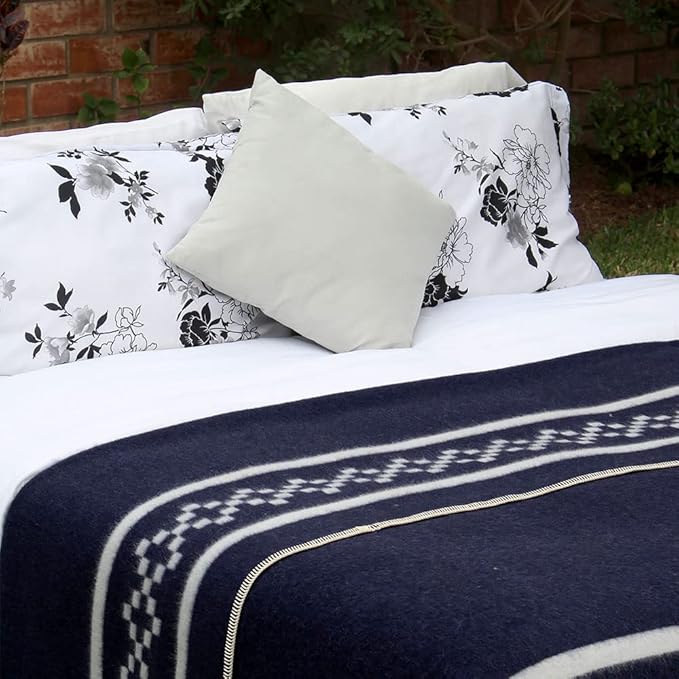 Inca Wall - Thick Alpaca Wool Blanket Heavyweight Camping Outdoors Indoors Soft Peru Queen Size New Ethnic Design (Navy Blue/Ivory, Queen Size)