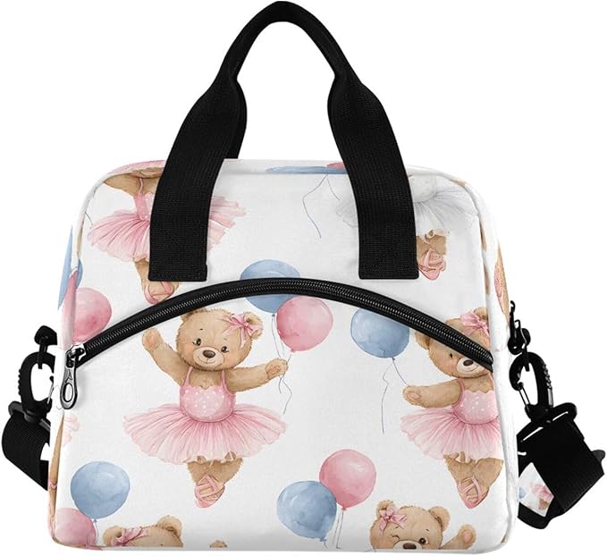 ALAZA Ballerina Bear Balloon Pattern Lunch Box for Men Women Adults Insulated Lunch Bag Cooler Bag with Adjustable Shoulder Strap for Work Picnic Travel