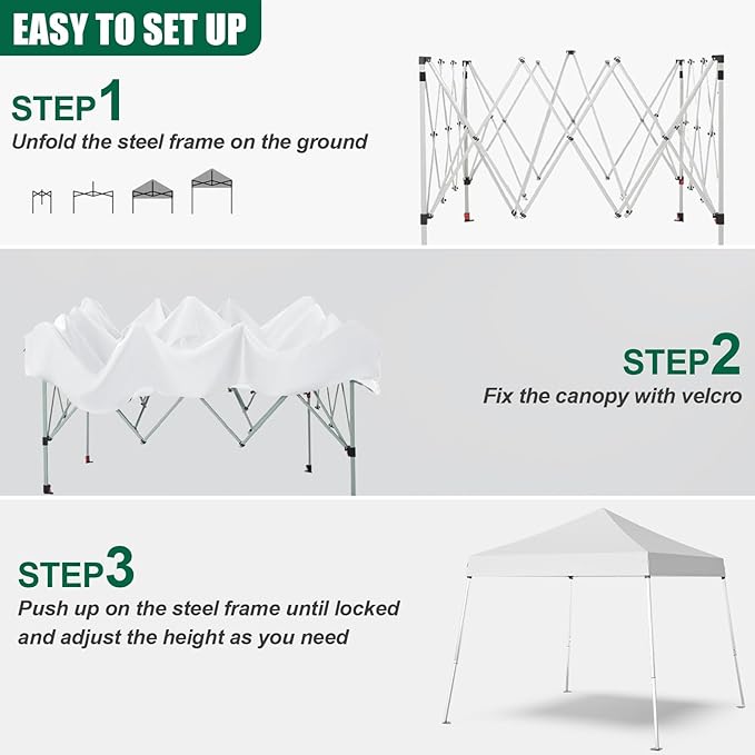 Pop-up Canopy Tent,Portable Outdoor Canopy for Parties Camping,Slant Legs Folding Tent,Sports Shelter,Beach Tent,Base 10x10 Top 8x8,3 Adjustable Height(White)