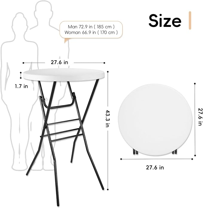Cocktail Table 28in Portable Folding Bar Height Table, Compact Round High Top Plastic & Steel Bistro with Removable Legs, for Indoor Outdoor RV Patio Catering Parties Commercial Events-1pc
