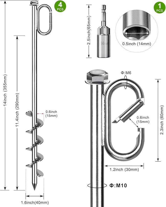 SELEWARE 4 Pack Trampoline Stakes Heavy Duty Ground Anchors High Wind Trampoline Stakes Anchors Spiral Earth Anchors for Secure Animals Trampolines Tents Shed Swing Set Mobile Homes Carport