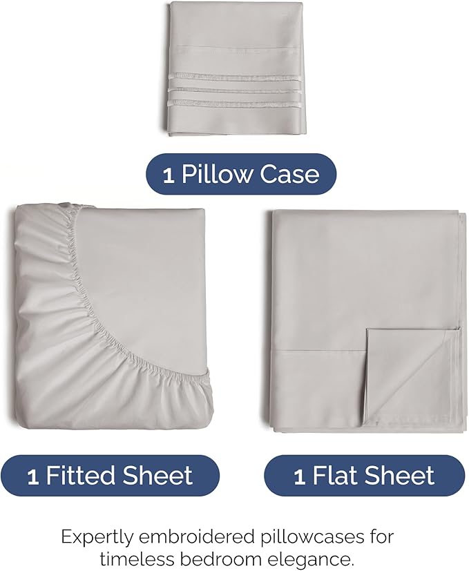 Twin Size 3 Piece Sheet Set - Comfy Breathable & Cooling Bed Sheets Set - Hotel Luxury Bedding for Women, Men, Kids, Teens, Boys & Girls - Deep Pockets, Soft and Wrinkle Free - Oeko-Tex - Light Grey