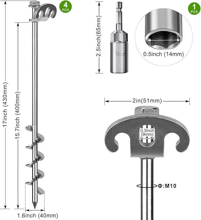 17 Inch Screw in Ground Anchors Kit, 4 Pack Heavy Duty Tent Stakes, Double-Sided Welded Spiral Windproof Earth Anchors for Trampoline, Shed, Swing Set & Mobile Home