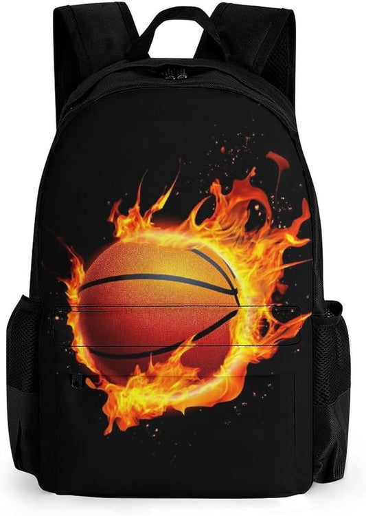 Supdreamc Shoulder Book Bags Polyester Multipurpose Anti-Theft Burnning Fire Basketball Black Carry On Bag Large Capacity Travel Hiking Camping Rucksack