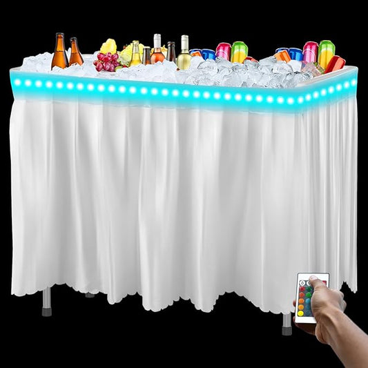4 Foot Led Ice Cooler Table, Outdoor Cooler Table with Removable Matching Skirt LED Light Strip Drain Plug and Shelf, Folding Ice Tables for Party, BBQ, Camping, Picnic