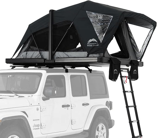 Rooftop Tent Hard Shell Aluminium Overland Roof Top Tent, Large Space, LED Strip Light Skyview Window, Waterproof UV-Resistant All-Weather, Suitable for Car Jeep SUV Truck Van Camping, 4 People