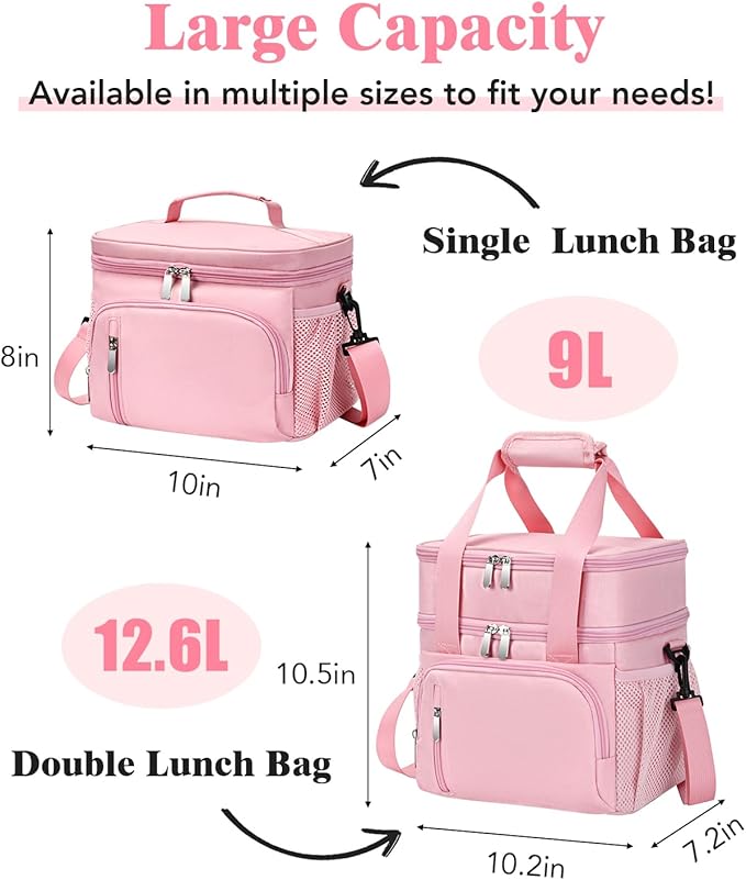 Lunch Box for Women, Double Insulated Lunch Bag Reusable Leakproof Cooler Bag Portable Picnic Food Bag, Adult Lunch Tote Lunch Bag for Work, Construction Worker, Truck Driver, Light Crew-Pink