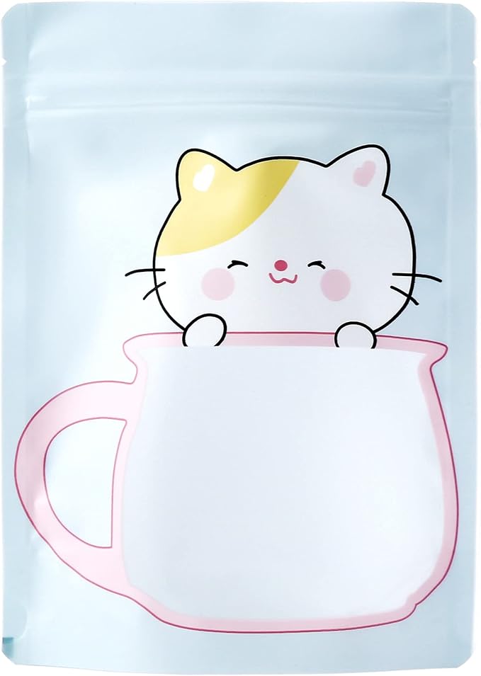 QQ Studio 100 Animal Designed Snack Bags, Plastic Bakery Bags, Cute Favor Bags for Snacks, Pastel Cookie Bags with Window, Zipper Seal Treat Storage Bags (6.25 Inch x 9 Inch, Blue Kitty)