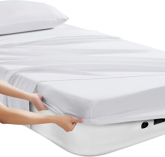 Camping Sheets Twin Size - Outdoor Air Mattress Sheet Set – Built-in Corner Straps for Air Mattress & Camping Use – Designed for Inflatable Beds & Tailgate Sleepovers, White