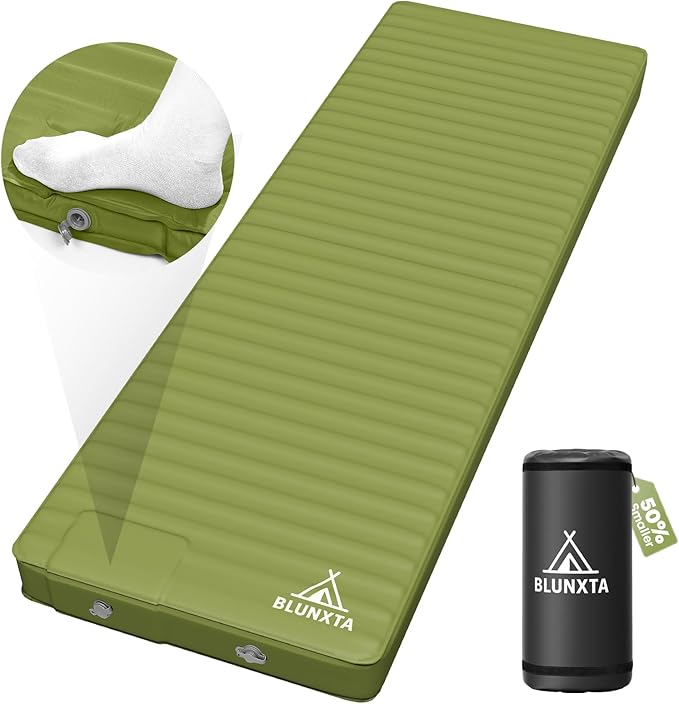 Self Inflating Sleeping Pad with Foot Pump, 2 Inch Thick Memory Foam Camping Pad, Quick Inflation Air Mattress for Camping, Hiking, Car Travel, and Outdoor Adventures, Green
