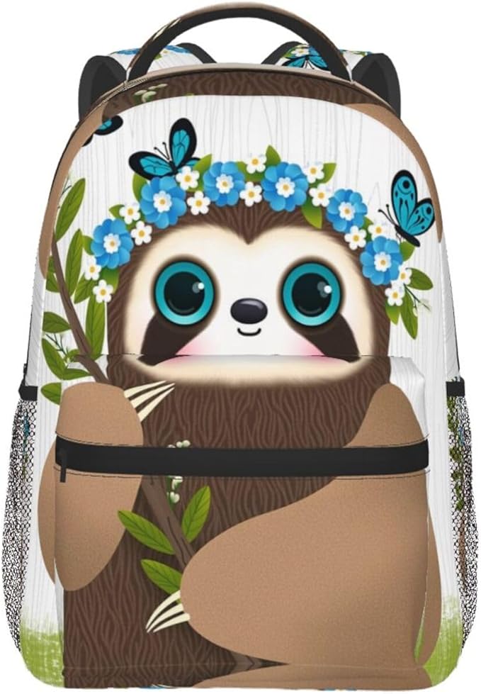 Daypack Backpack Anti-Theft Multipurpose Large Capacity Carry On Bag, Cute Sloth Blue Flowers Art Traveling Camping Backpack With Side Pockets
