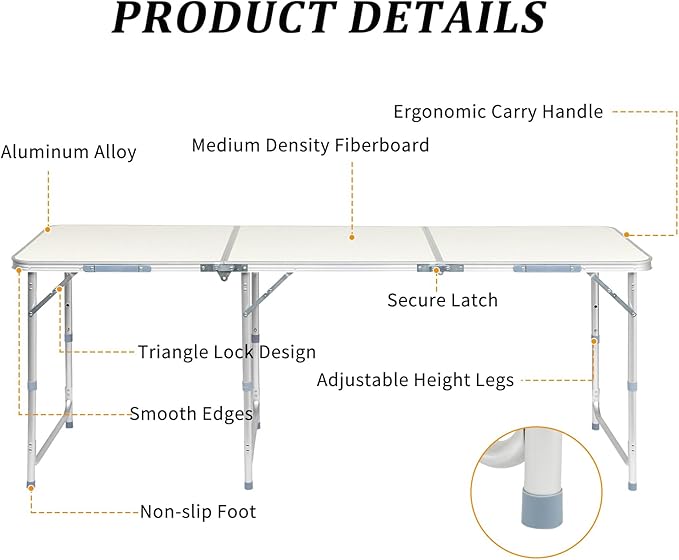 6.0 Ft Folding Portable Camping Table, Adjustable Height, Outdoor Waterproof Aluminum Lightweight Suitcase Table for Picnic, BBQ, Beach, Dining