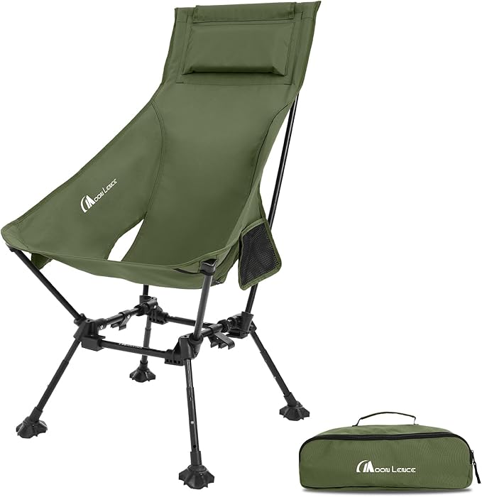 MOON LENCE High Back Folding Camping Chairs, Adjustable Height Beach Chair with Anti-Sinking Feet & Widened Seat (Green)