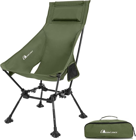MOON LENCE High Back Folding Camping Chairs, Adjustable Height Beach Chair with Anti-Sinking Feet & Widened Seat (Green)