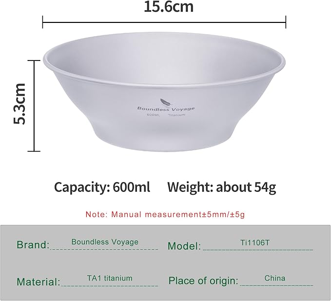 iBasingo 600ml Titanium Bowl Ultralight Tableware Single-Walled Rice Salad Bowl Small Gym Fitness Bowl Outdoor Camping Dinnerware Potable Stackable Kitchen Utensils Ti1106T