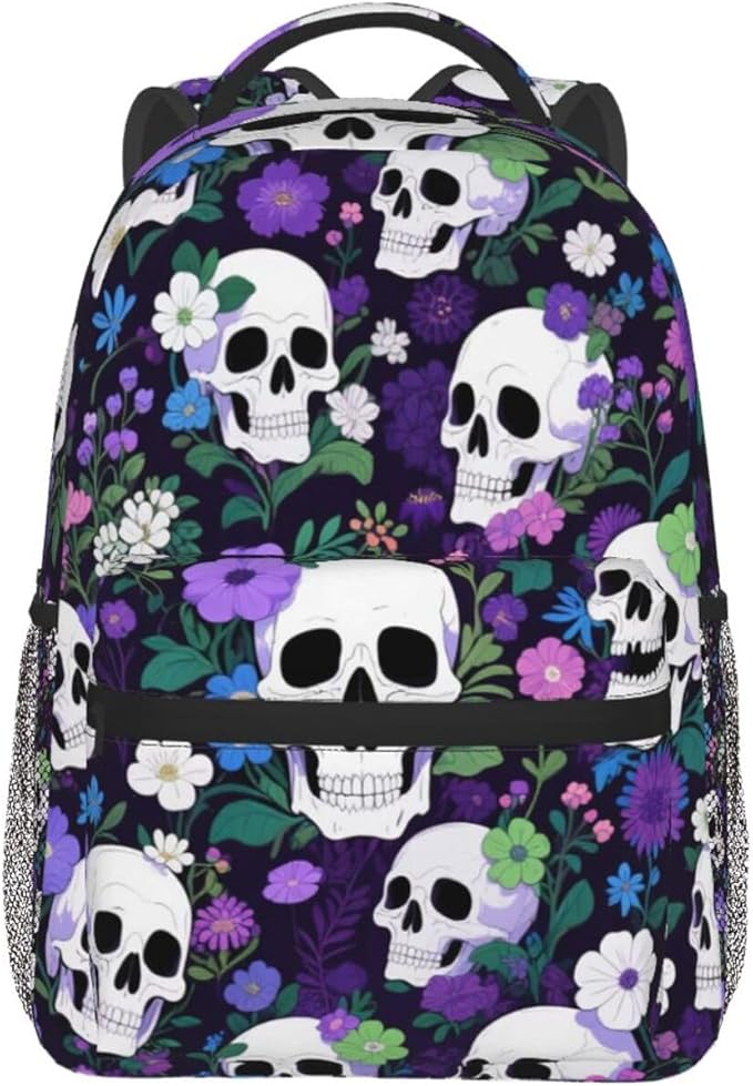 Rucksack Anti-Theft Multipurpose Large Capacity Carry On Bag, Flower Skull Purple Travel Hiking Bag Day Pack With Side Pockets
