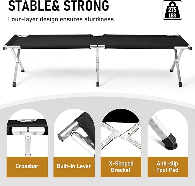 Camp Bed, Portable Folding Camping Cot for Adults,Indoor Outdoor Portable Sleeping Cot for Hiking, Camping with Carrying Bag Army (Black)