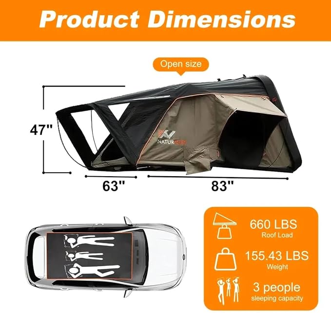 Naturnest Sirius 1 Hardshell Rooftop Tent, Clamshell Pop Up Car Roof Tent for 2-3 Person Camping, Waterproof UV-Resistant 4 Season Overland Tent for SUV, Truck, Jeep, Van, Trailer