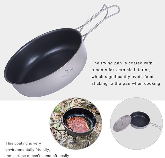 Boundless Voyage Titanium Non-Stick Frying Pan with Folding Handle Non-Stick Ceramic Coating Frypan Cooking Pot for Outdoor Camping Picnic Backpacking