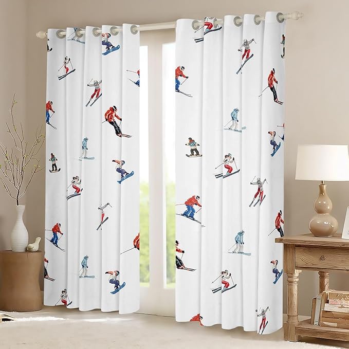 Manfei Skiing Blackout Curtains,Ski Winter Extreme Sport Competition Boys Girls Room Decor,Snowboarding Modern Fashion Window Drapes,White 2 Panels,52Wx96L inch