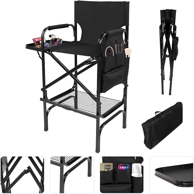 Folding Makeup Chair with Folding Tabletop Storage Bags for Makeup Artists to Keep Makeup Cases and Brushes, Tall Directors Chair, Oversized Portable Camping Chair for Outside Knee Protection