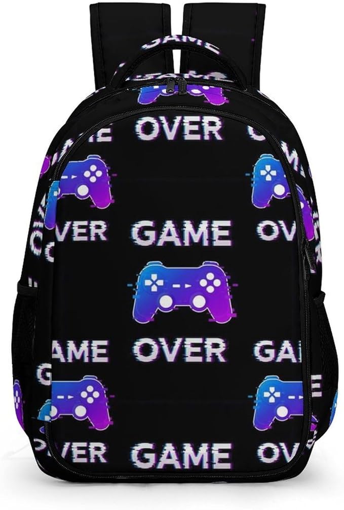 Laptop Backpack Video Games Joystick Game over, Sturdy Water Resistant College Bookbag with Water Bottle Pockets for Business Travel Commute