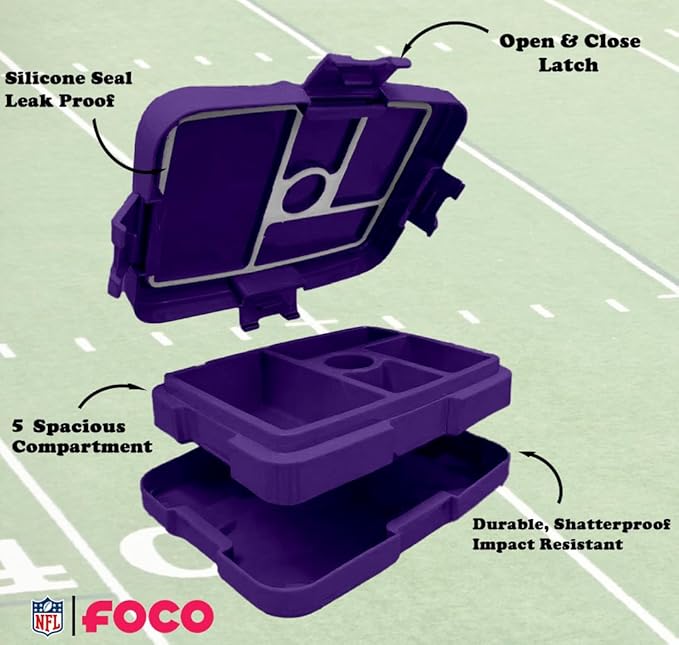 FOCO NFL Unisex-Adult Officially Licensed Team Color Stripe Primary Logo Football Leak Proof 5 Compartment Bento Lunch Box - Minnesota Vikings