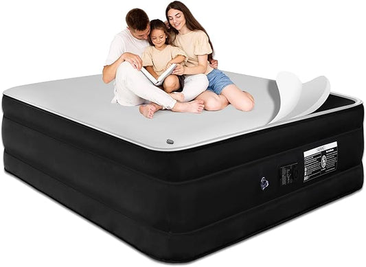 King Size Air Mattress with Built-in Pump, 17" Raised King Blow Up Mattress, Soft Milk Fiber Surface & Foam Topper, Air Bed Portable for Home & Guests, Colchones Inflables, 1200 Lbs