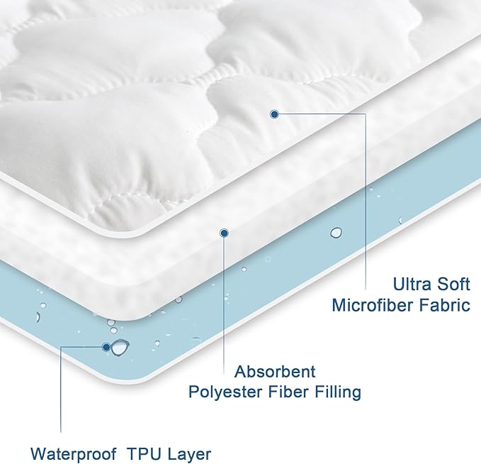 2 Pack Twin Mattress Protector Pad Waterproof Quilted, Breathable & Cooling Twin Size Mattress Cover Fitted for Kids with Deep Pocket Up to 14" for Single Bed, (White)