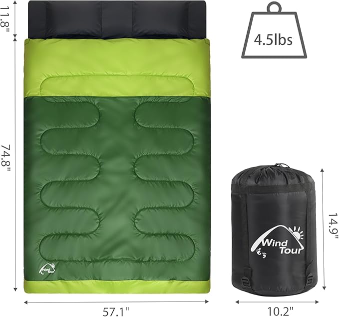 Double Sleeping Bag for with 2 Pillows - Lightweight 2 Person Sleeping Bag, Adults & Teens Cotton for Camping, Backpacking, Hiking with Carrying Bag for Cold & Warm