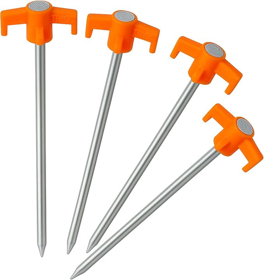 Tricc Unbreakable Heavy Duty Steel Tent/Canopy Stakes, Galvanized Non-Rust 10" Three Pegged Solid, Sturdy Stakes for Outdoor Trips, Camping, Hiking & Gardening. 4 Colors Made in The USA (Orange)