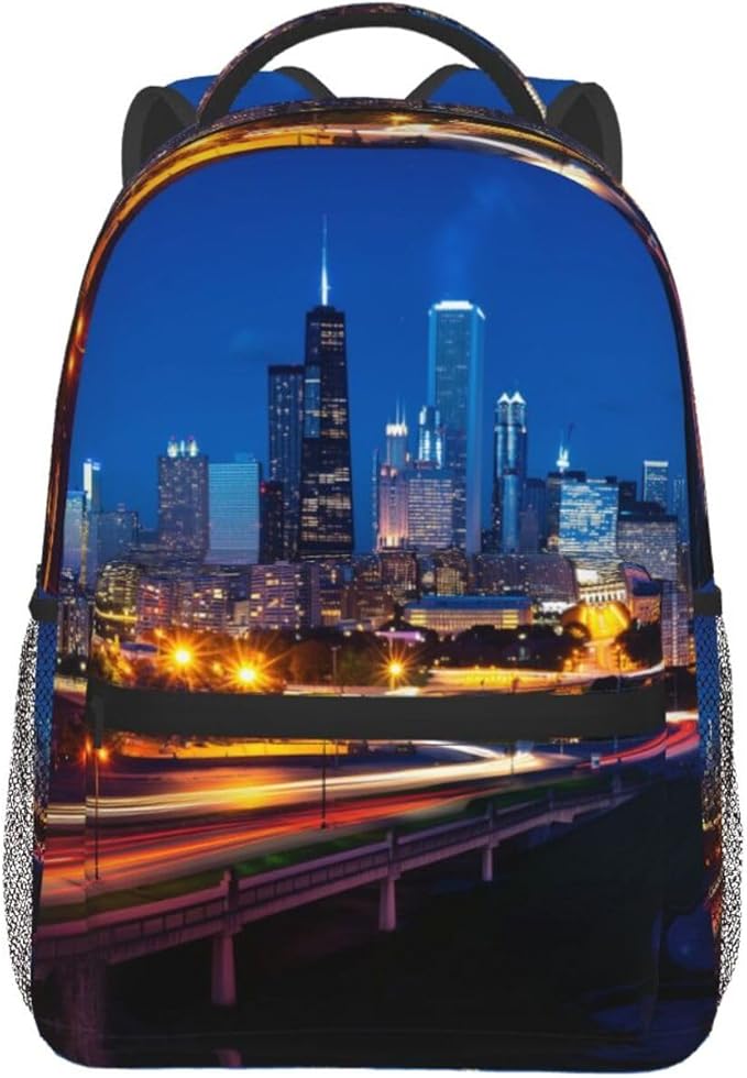 Rucksacks Polyester Anti-Theft Multipurpose Usa Chicago City Skyline Night View Art Carry On Bag Large Capacity Gym Outdoor Hiking Backpack With Smooth Zippers
