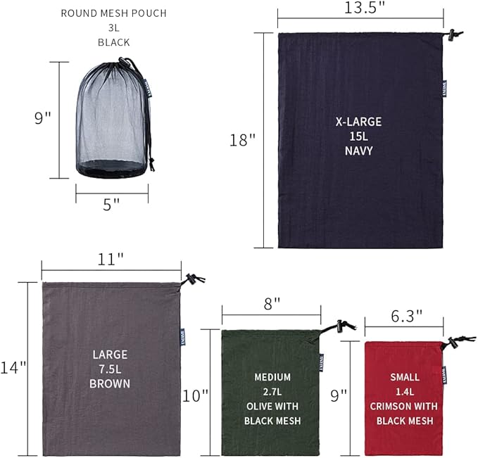 Nylon Stuff Sack Set 5-Piece (1.4L/2.7L/3L/7.5L/15L); Drawstring Storage Sack; Mesh Bags; Ditty Bags Small M Large XL for Organization Travel Camping Backpacking Down Jacket; Assorted Colors