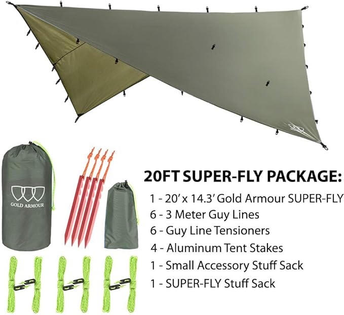 Gold Armour Rainfly Tarp Hammock, Premium 20ft x 14.3ft Rain Fly Cover, Waterproof Ultralight Camping Shelter Canopy, Must Have Camping Essential Accessories (OD Green)