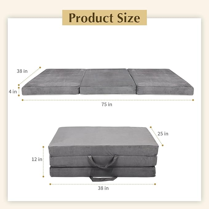Tri-Fold Memory Foam Mattress,Single Folding Mattress with Handles and Washable Covers,Portable Floor Bed Foldable Mat for Travel & Camping & Yoga,75" x 38" x 4"