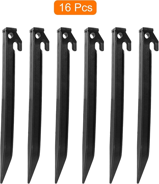 Litoexpe 9 Inch Plastic Tent Stakes, 16pcs Ground Stakes Heavy Duty, Durable Canopy Tent Stakes, Sturdy Tent Pegs for Outdoor Campings, Black Edging Stakes for Sand Beach and Garden Lawn